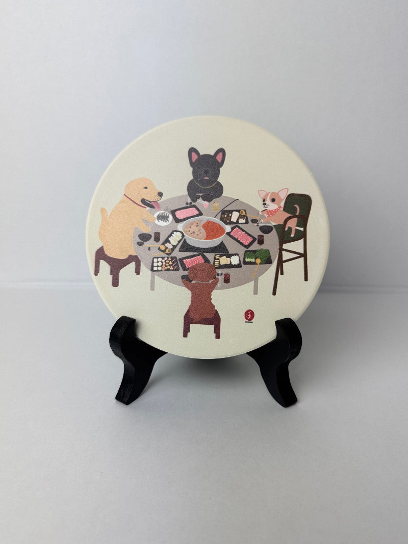 Dogs Eating Hotpot Ceramic Coaster | Asian-Inspired Art Décor by Levenien