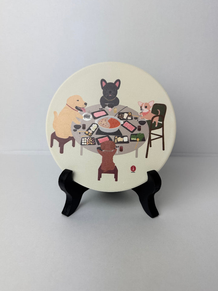 Dogs Eating Hotpot Ceramic Coaster | Asian-Inspired Art Décor by Levenien