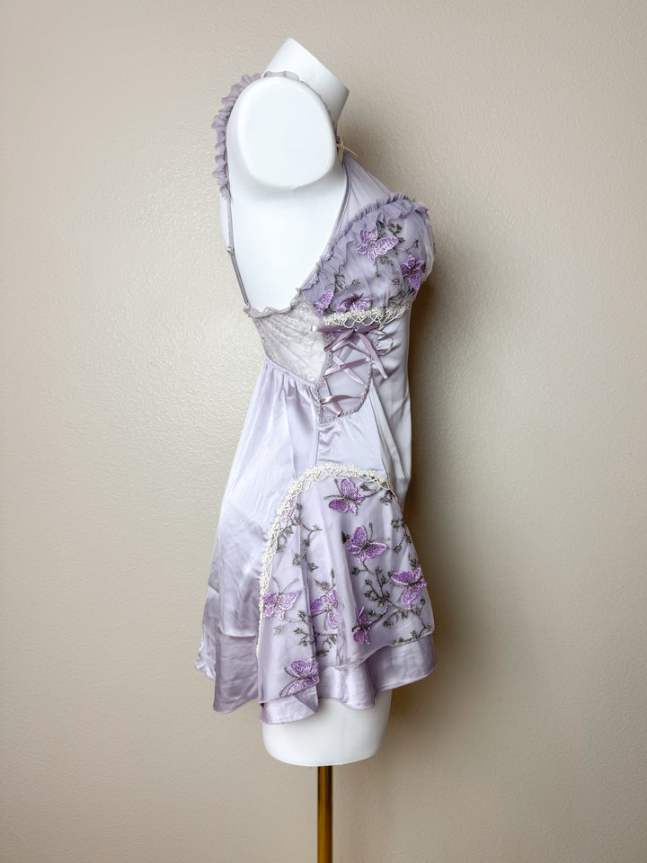 Side view of Purple Butterfly Embroidered Crisscross Slip
