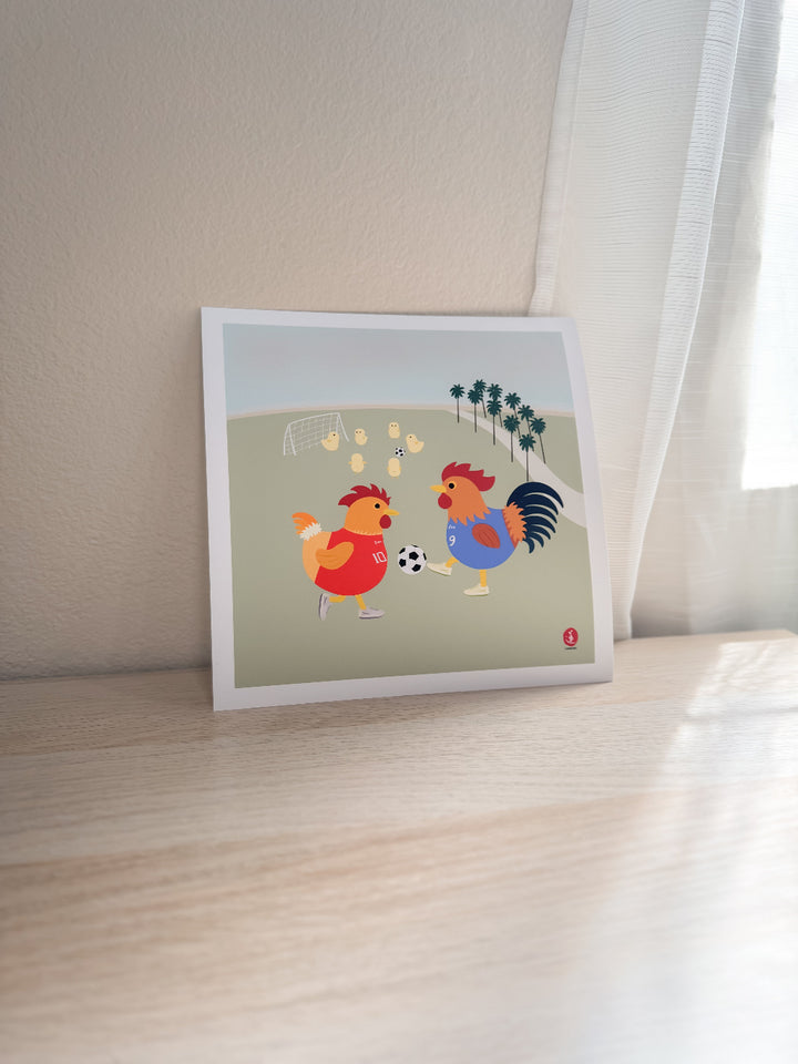Roosters Playing Soccer Print