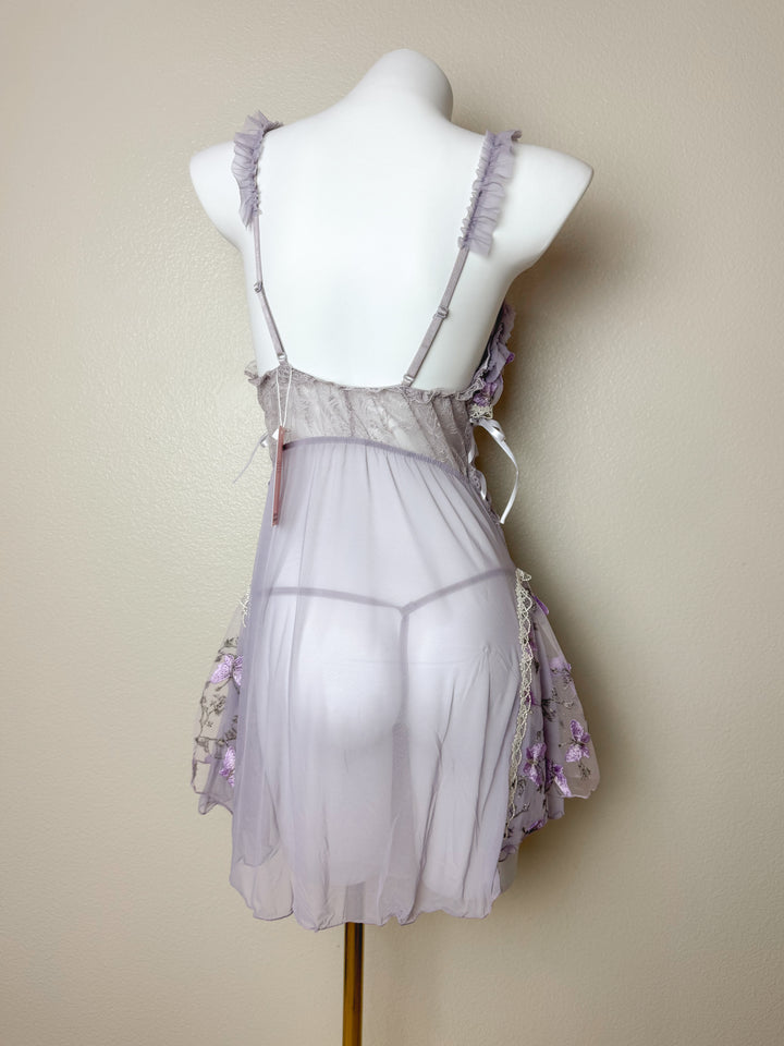 back view of Sheer Butterfly Embroidered Crisscross Mesh Slip