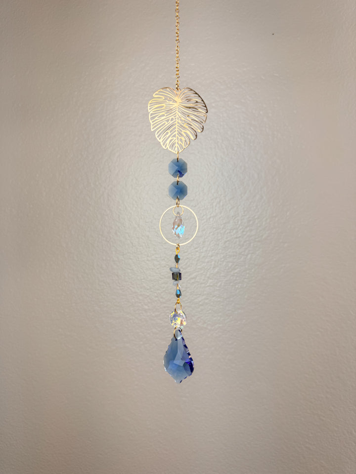 Monstera Leaf Crystal Suncatcher - Blue