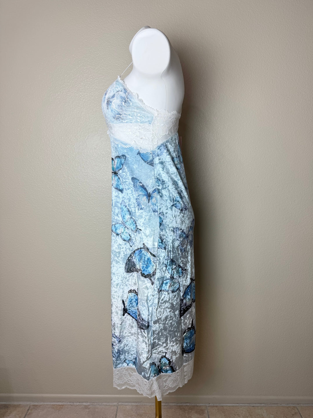 Blue Midi Velvet Butterfly Pattern Slip Side View