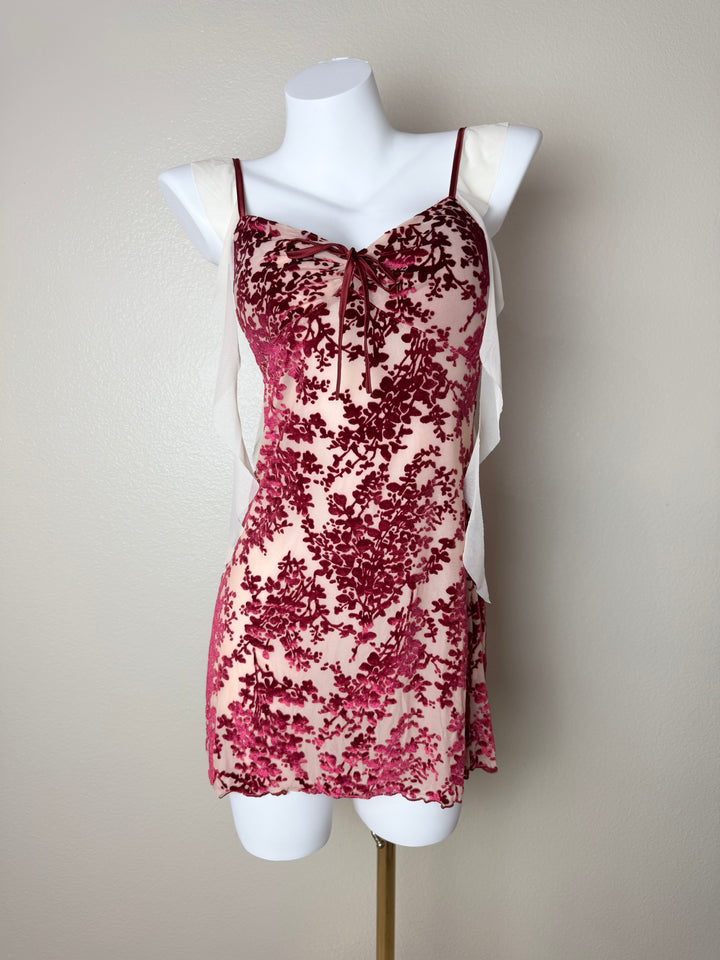 Red Mesh Detail Velvet Slip