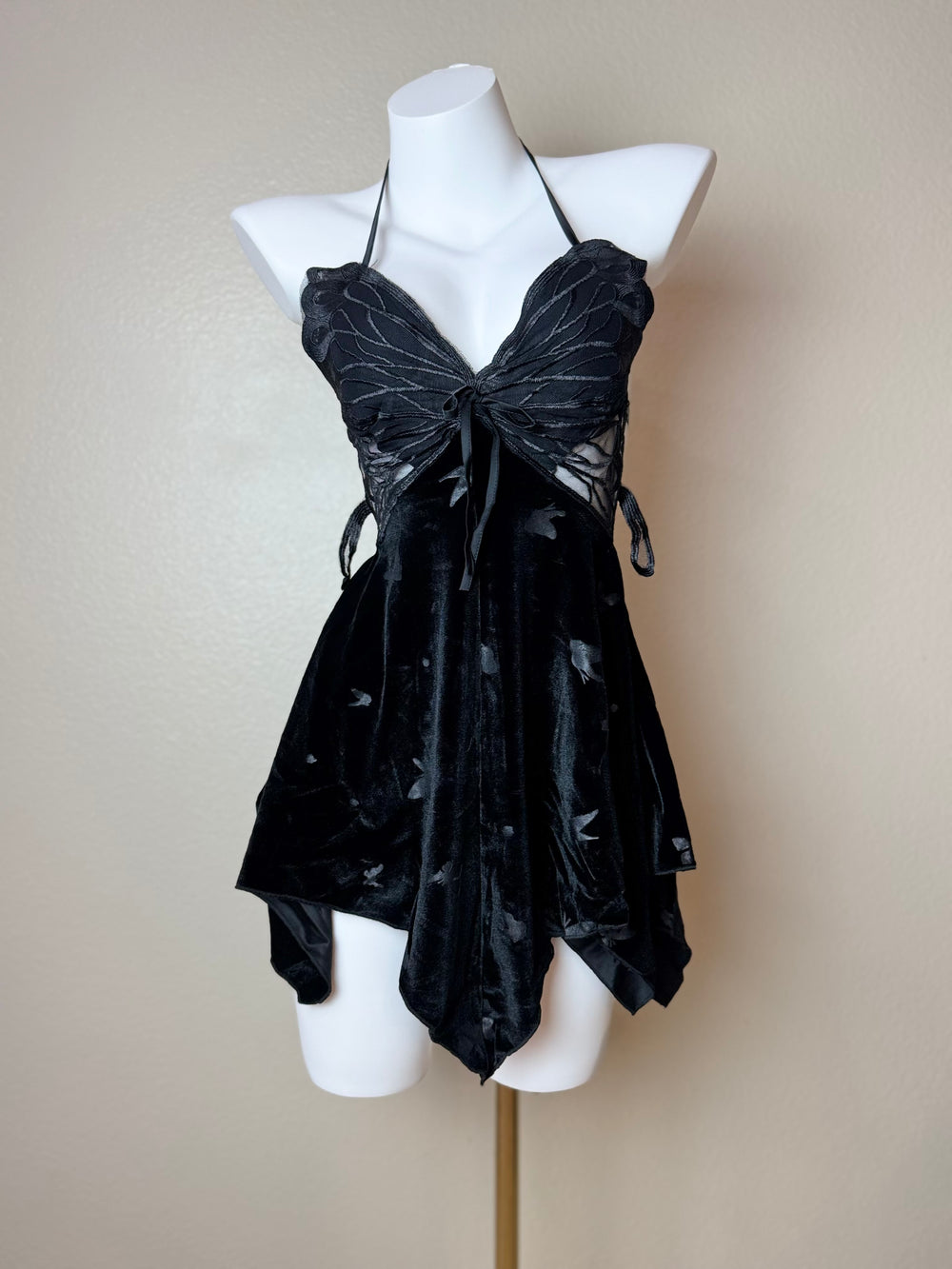 Black Asymmetrical Velvet Butterfly Slip - Front