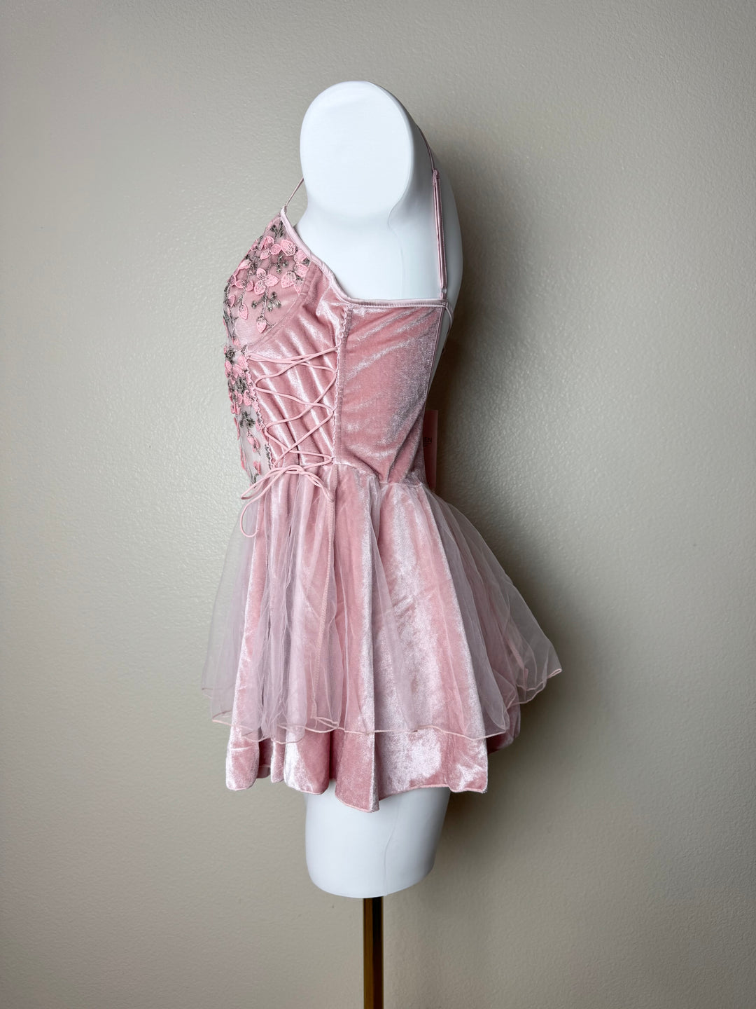 Pink velvet Floral Babydoll side view