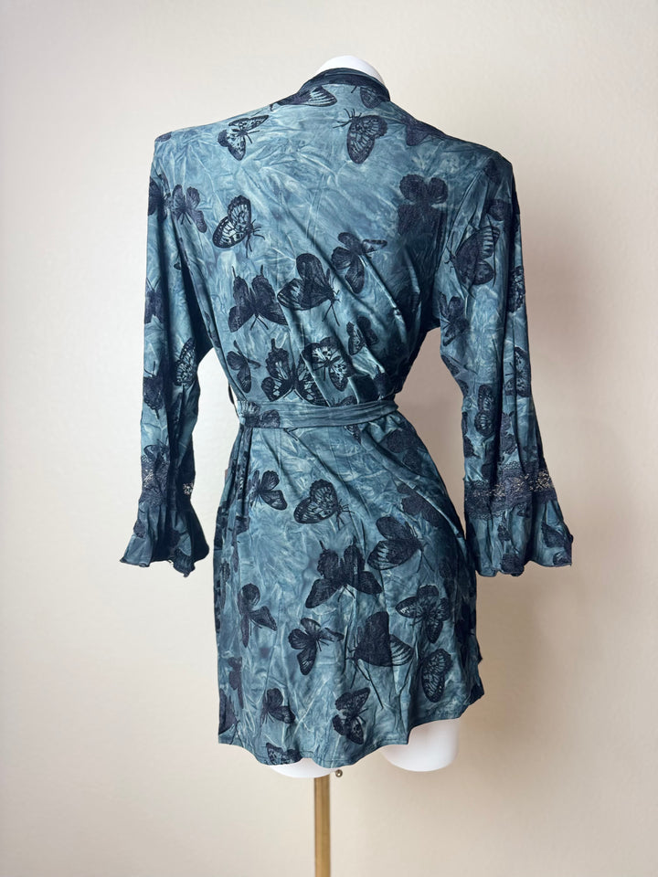 Black Butterfly Print Robe Back