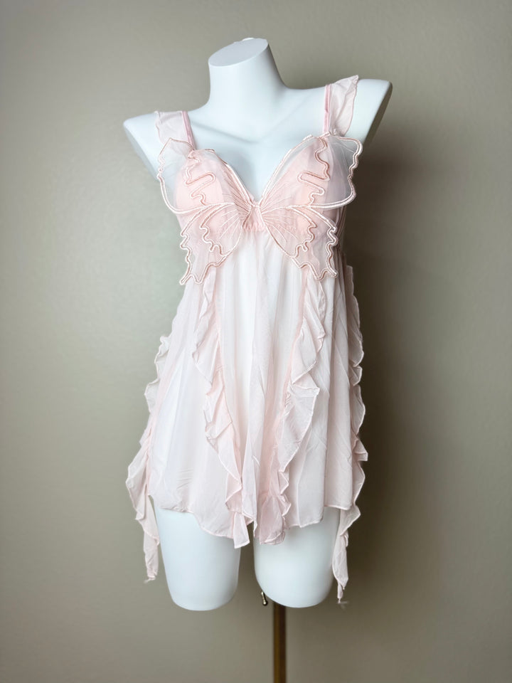 Asymmetrical Mesh Butterfly Babydoll - Pink Front