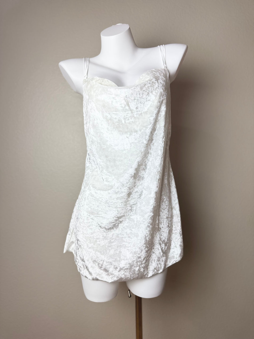 front of a white Velvet Butterfly Back Slip dress on a mannequin against a beige background