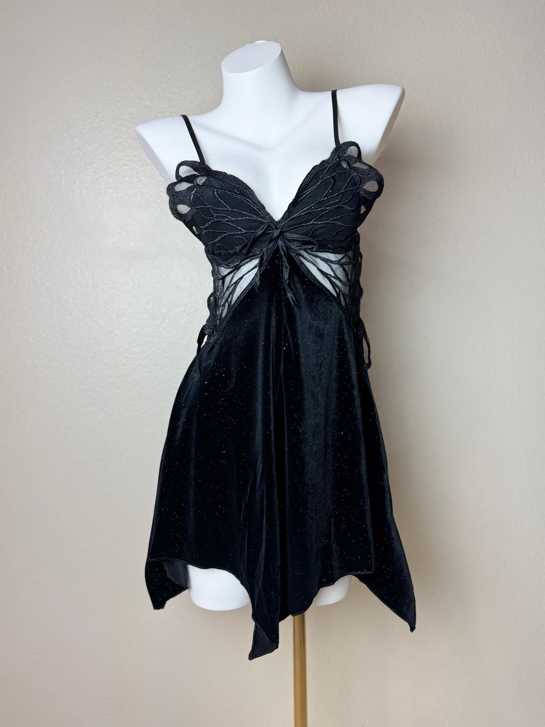 Black Sparkles Asymmetrical Velvet Butterfly Slip - Front