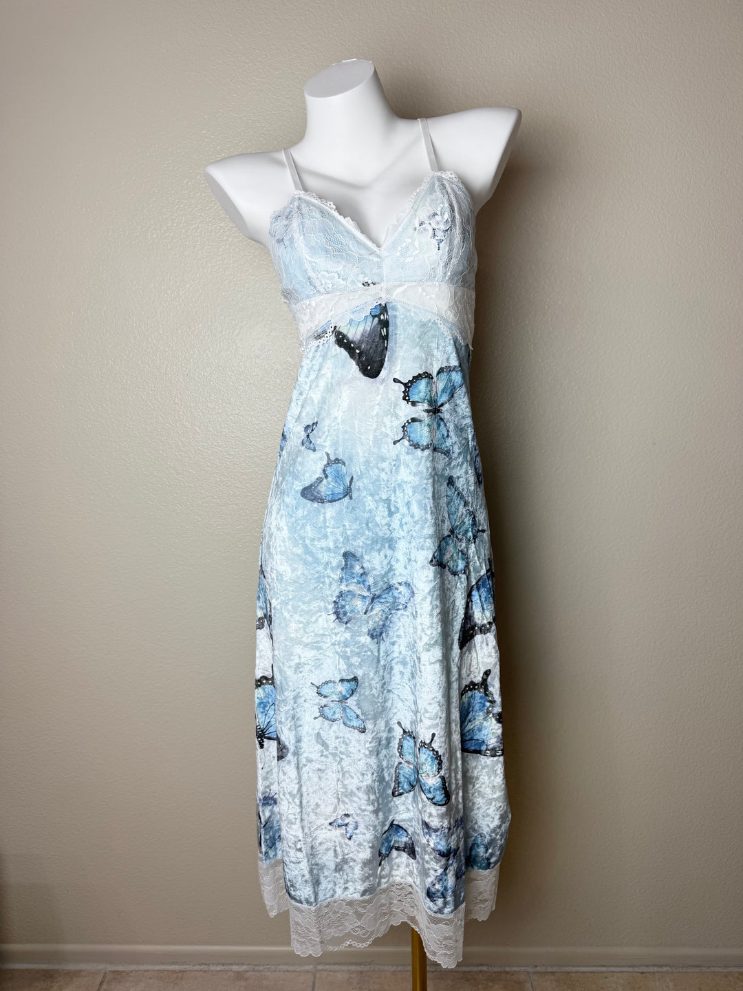 Blue Midi Velvet Butterfly Pattern Slip Front View