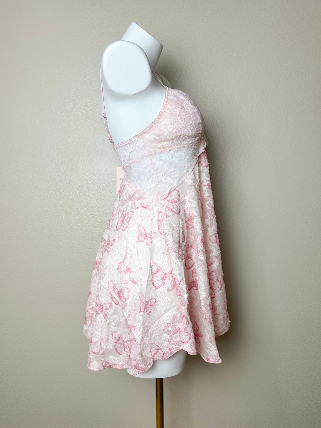 side view of pink Butterfly Pattern Lace Panel Slip