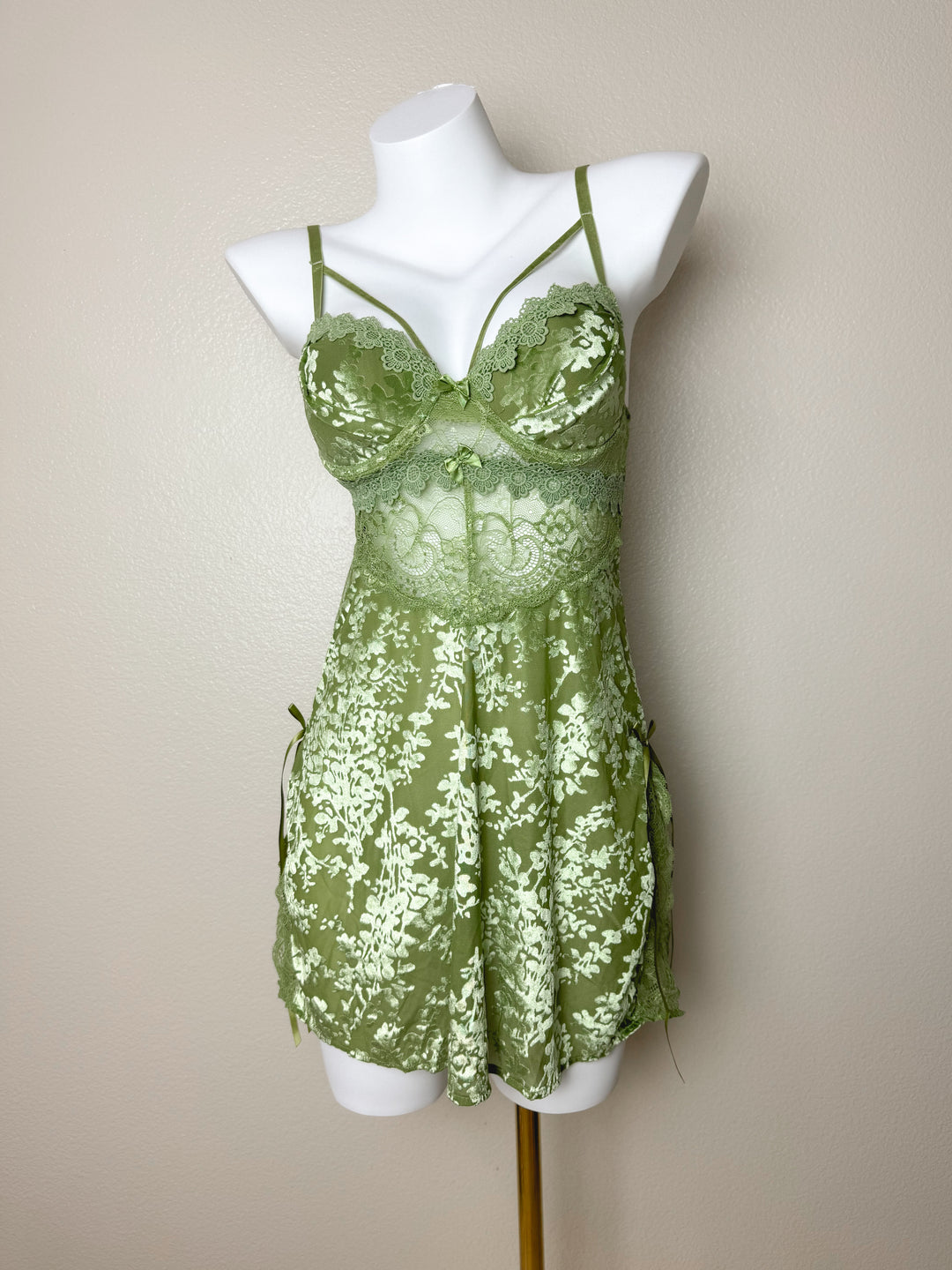 Green Sheer Velvet Lace-Panel Slip