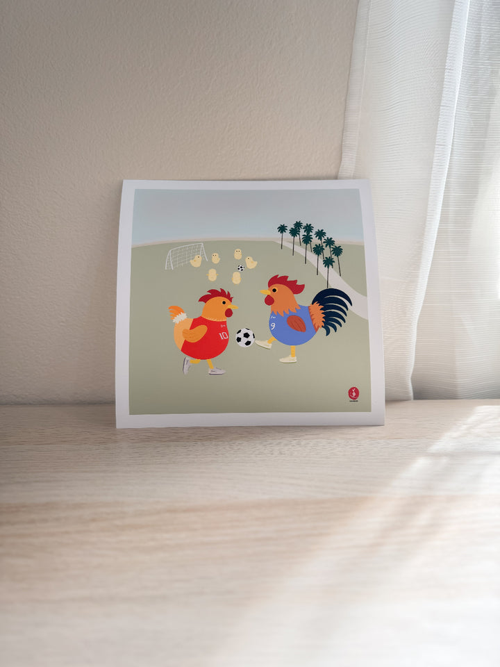 Roosters Playing Soccer Print