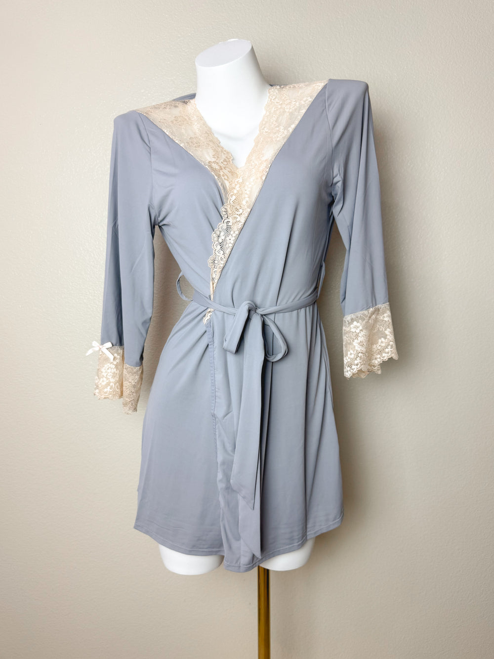 Blue Stretchy Lace-Trim Robe