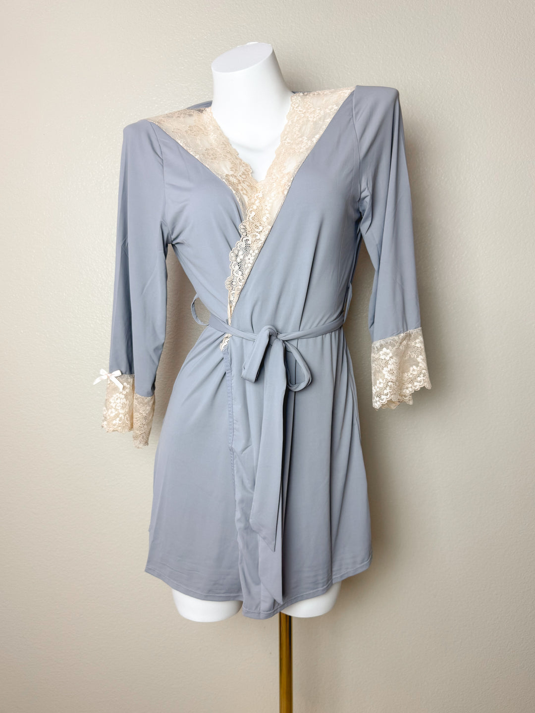 Blue Stretchy Lace-Trim Robe