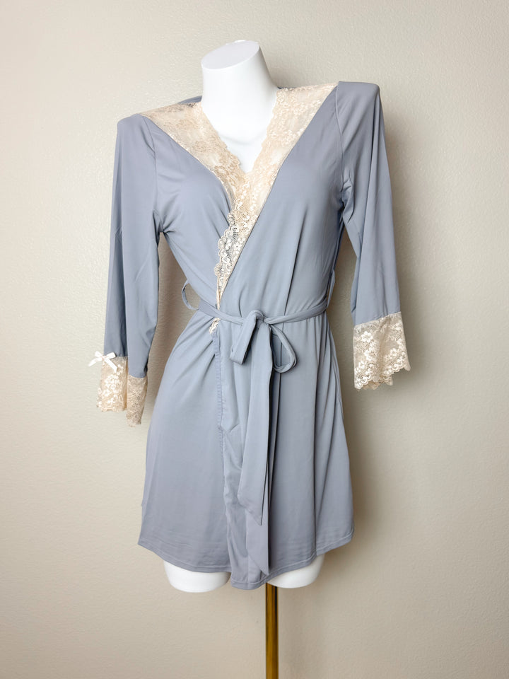 Blue Stretchy Lace-Trim Robe