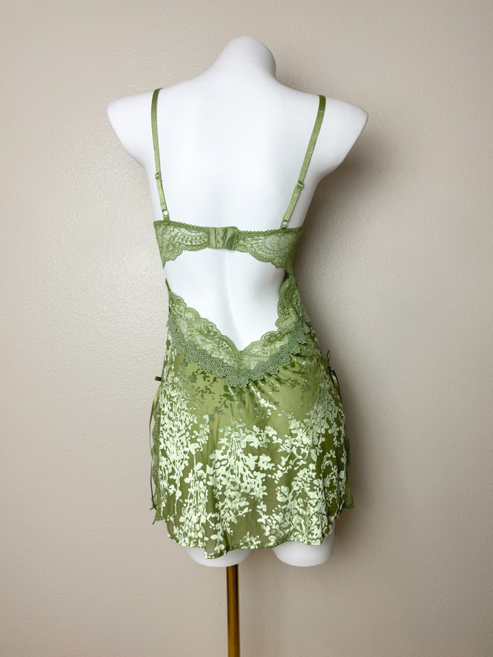 Back view of Green Sheer Velvet Lace-Panel Slip