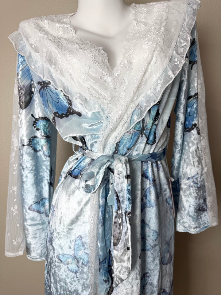 Blue Lace-Trim Velvet Butterfly Pattern Robe Front View