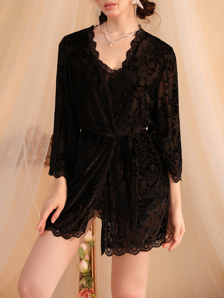 Black Velvet Lace-Trim Robe