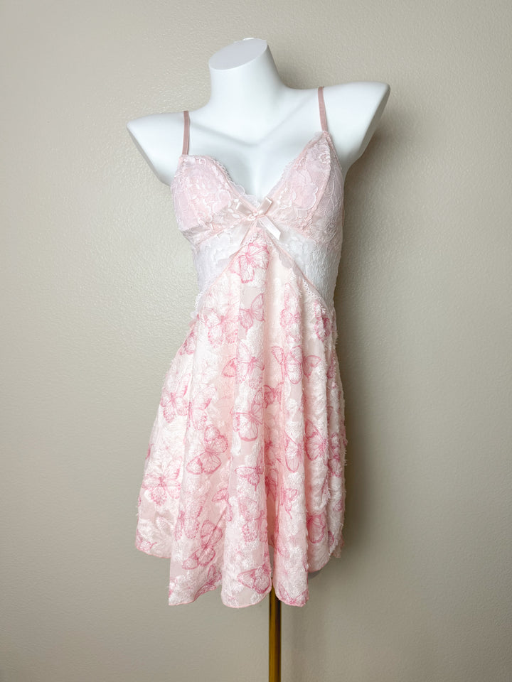 Pink Butterfly Pattern Lace Panel Slip