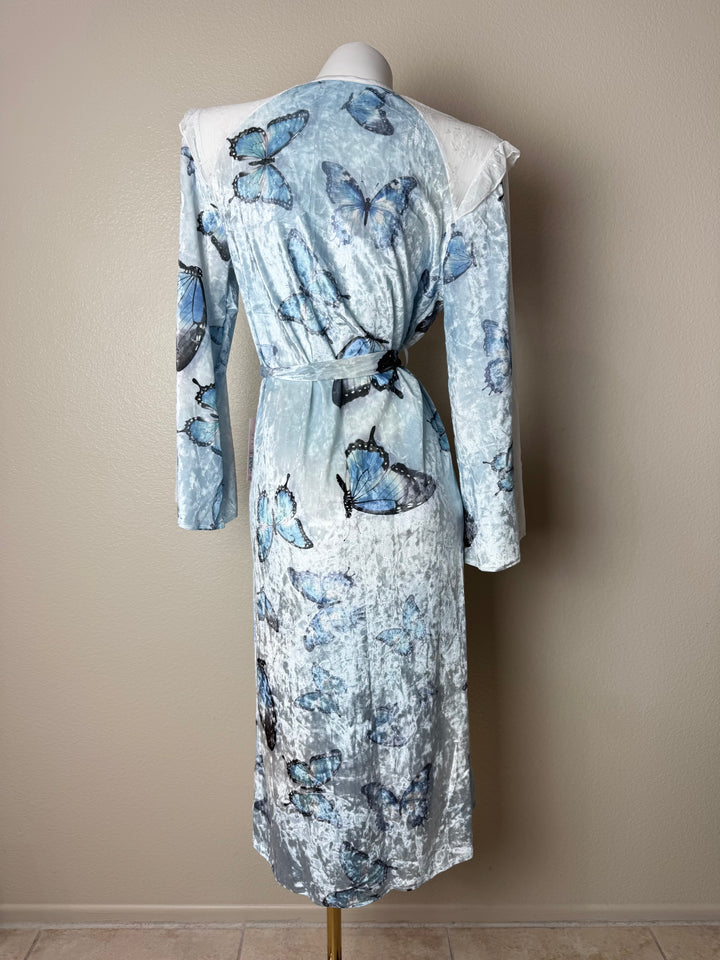 Blue Lace-Trim Velvet Butterfly Pattern Robe Back View