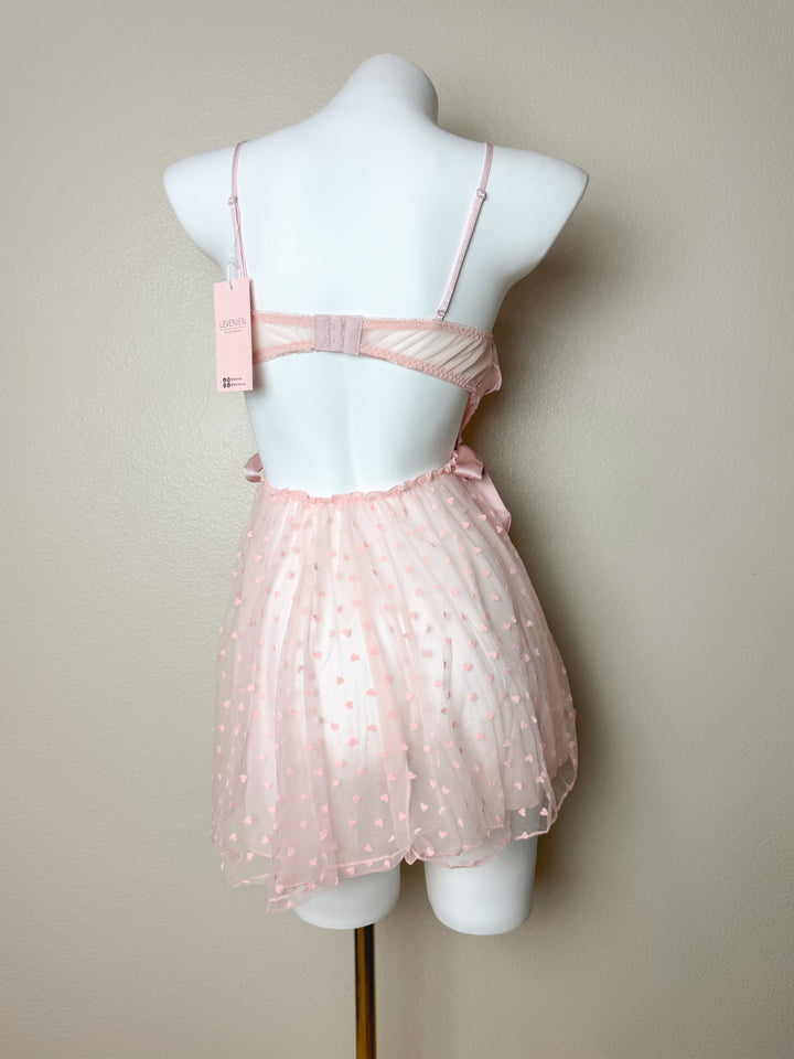 Pink Sheer Heart Pattern Side Slit Mesh Babydoll back view
