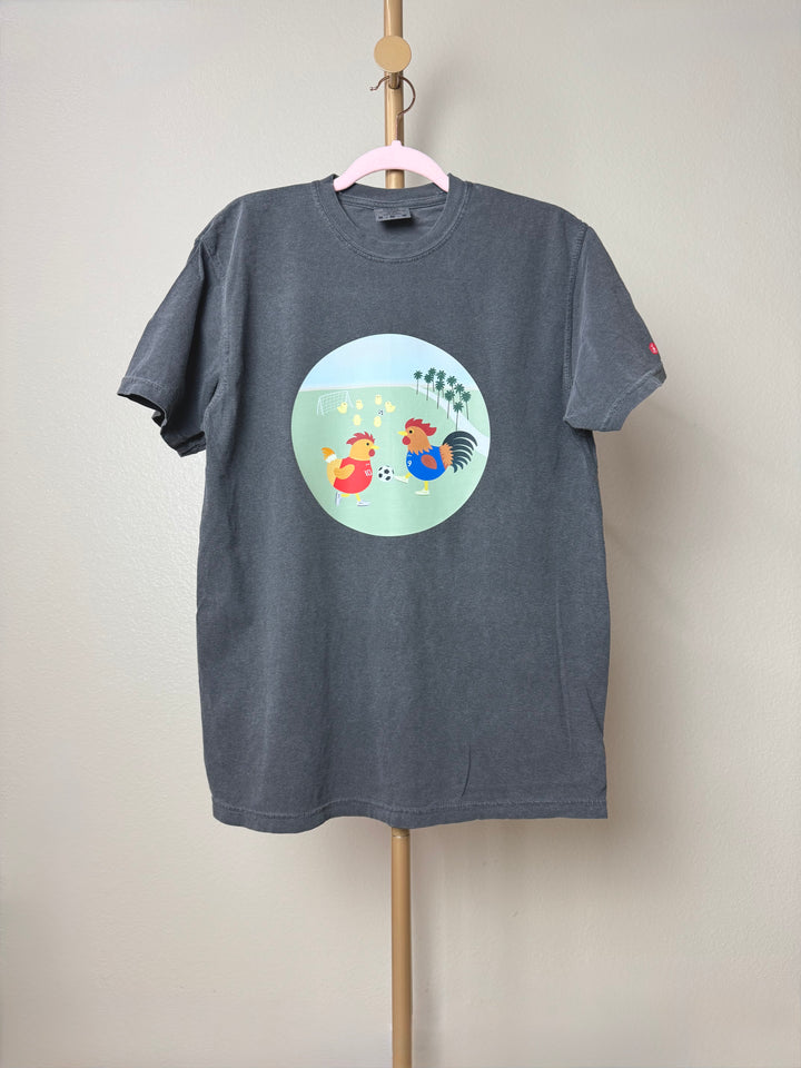 Roosters Playing Soccer Unisex Heavyweight T-shirt - Pepper Color