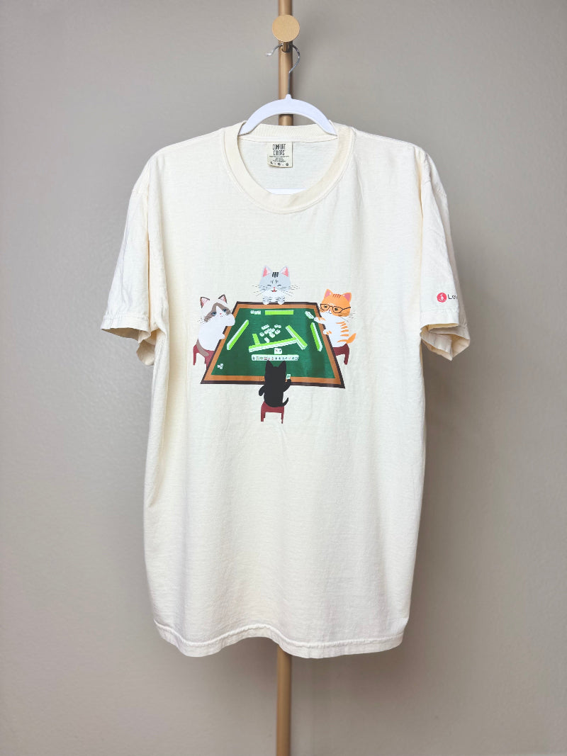 Cats Playing Mahjong Unisex Heavyweight T-shirt - Ivory 