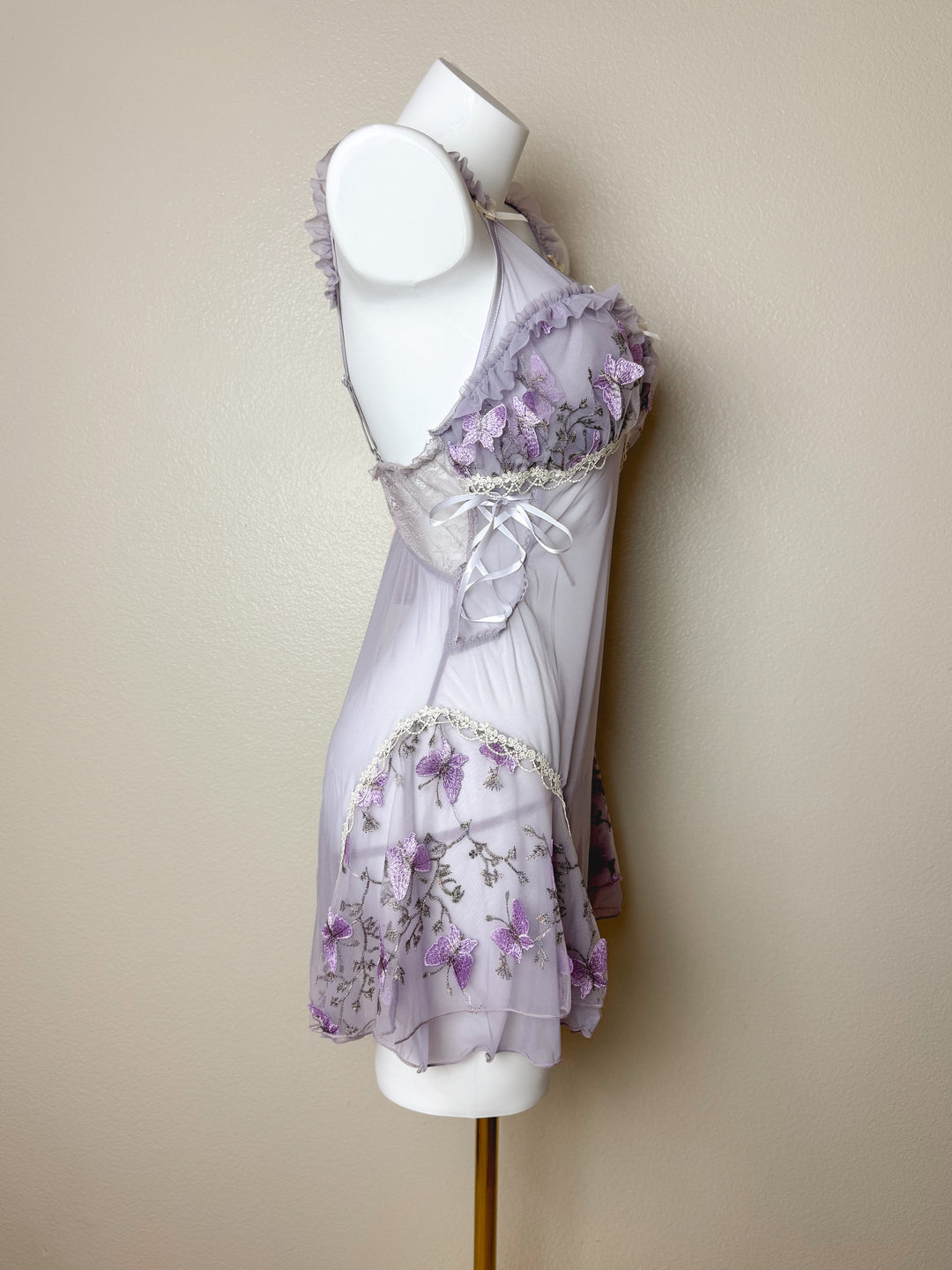 Side view of Sheer Butterfly Embroidered Crisscross Mesh Slip