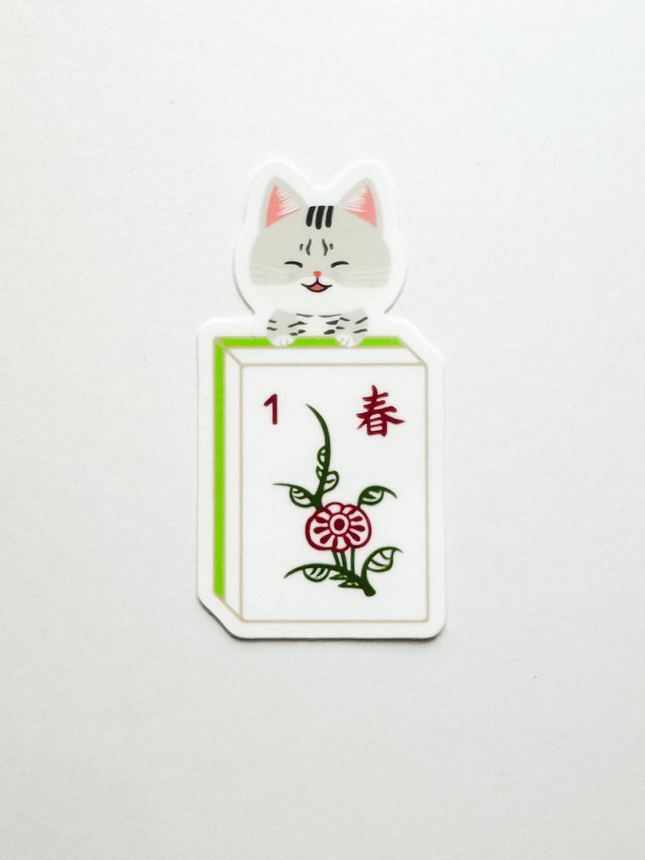 Lucky Cat Mahjong Tile Sticker - Flower (Spring)