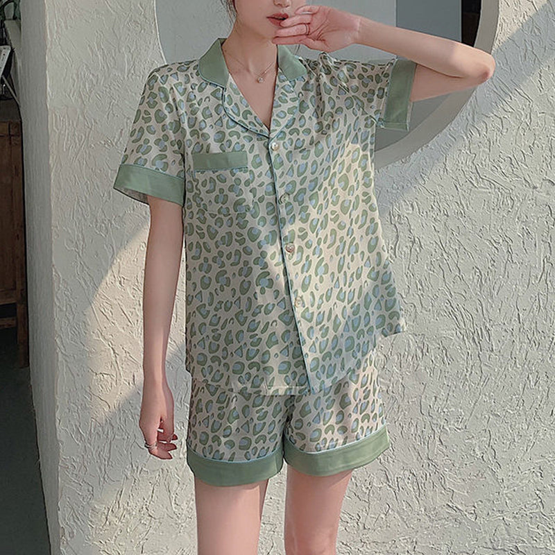 Short Green Leopard Print Pajama Set