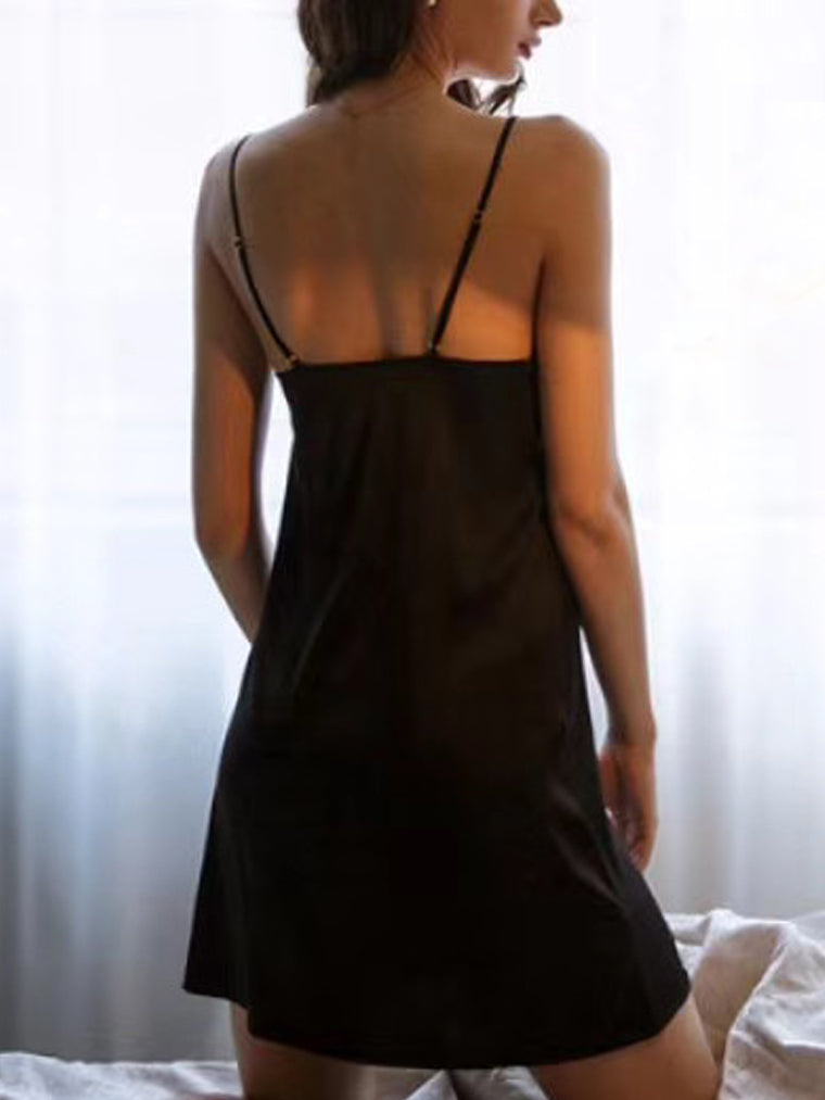 Women's sexy silky lace-trim slip sleep dress nightwear