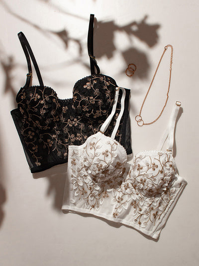 Strap Golden Floral Embroidery Corset Top