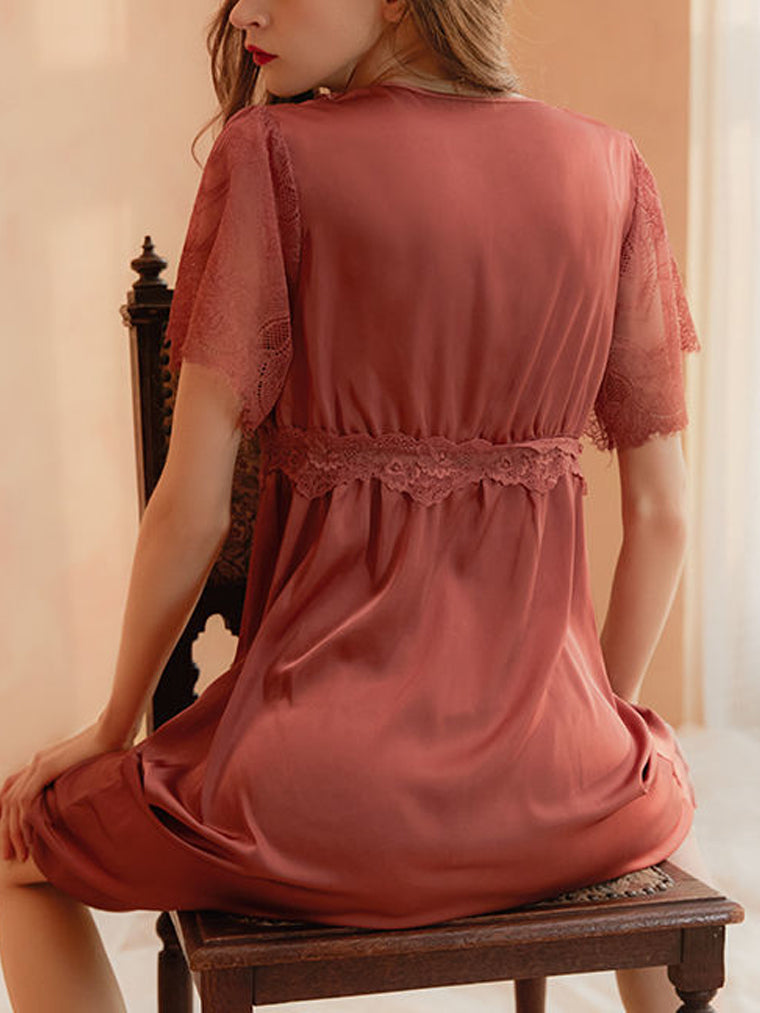 Short Sleeves Lace-Trim Sleep Dress