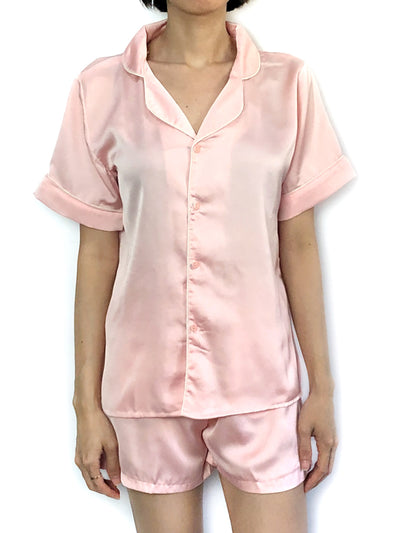Women's comfortable sleepwear nightgown satin short solid sweet light pink pajama set pajama top pajama bottom loungewear lounge set 