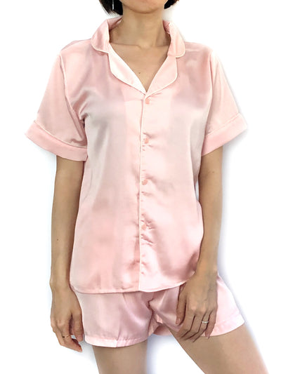 Women's comfortable sleepwear nightgown satin short solid sweet light pink pajama set pajama top pajama bottom loungewear lounge set 