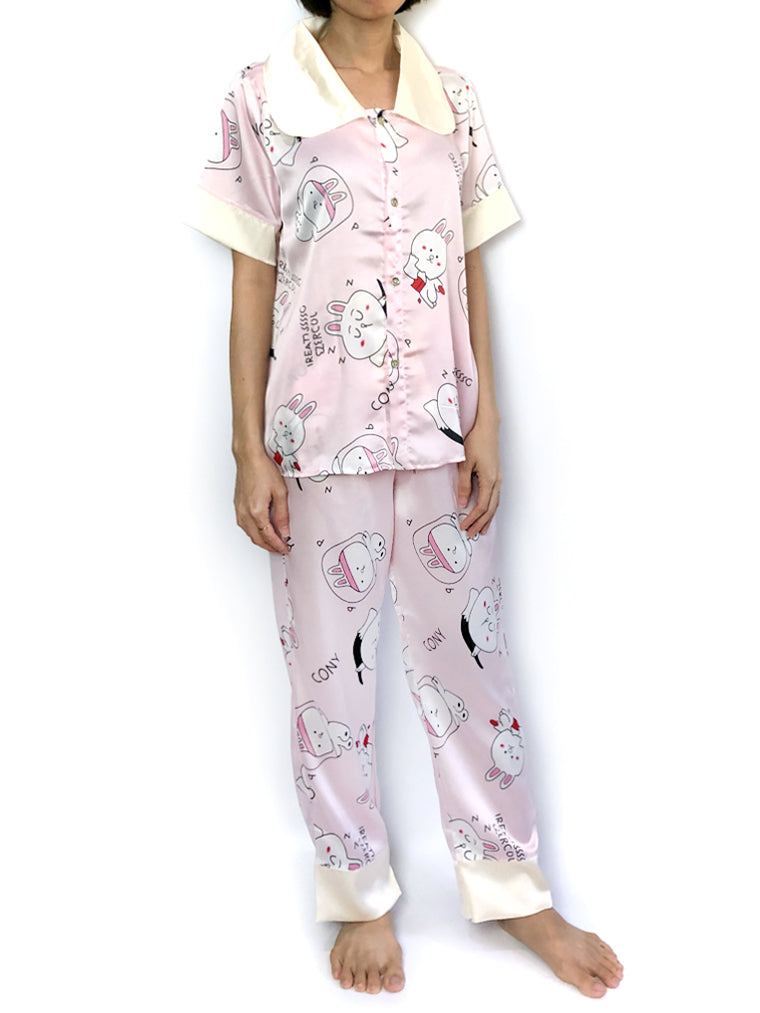 Women's Silky Sleepwear Pink Cartoon Peter Pan Collar Pajama Set PJs Loungwear 
