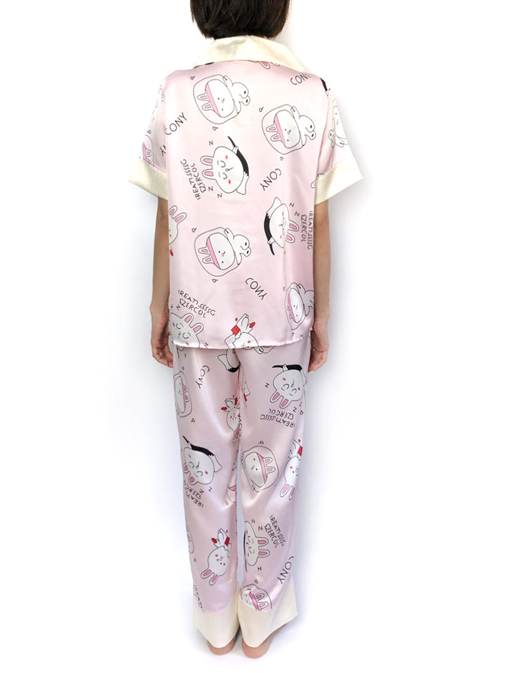 Women's Silky Sleepwear Pink Cartoon Peter Pan Collar Pajama Set PJs Loungwear 