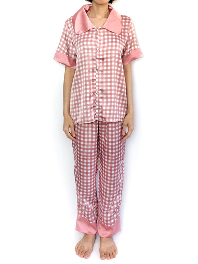 Pink Peter Pan Collar Grid Pajama Set