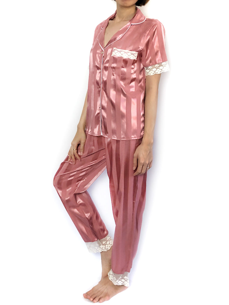 Women's comfortable sleepwear silky satin Pink Stripes Lace-Trim Pajama Set loungewear 