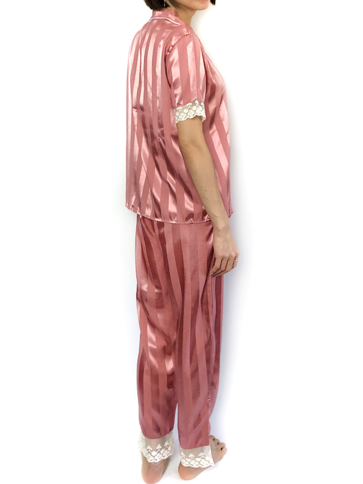 Women's comfortable sleepwear silky satin Pink Stripes Lace-Trim Pajama Set loungewear 