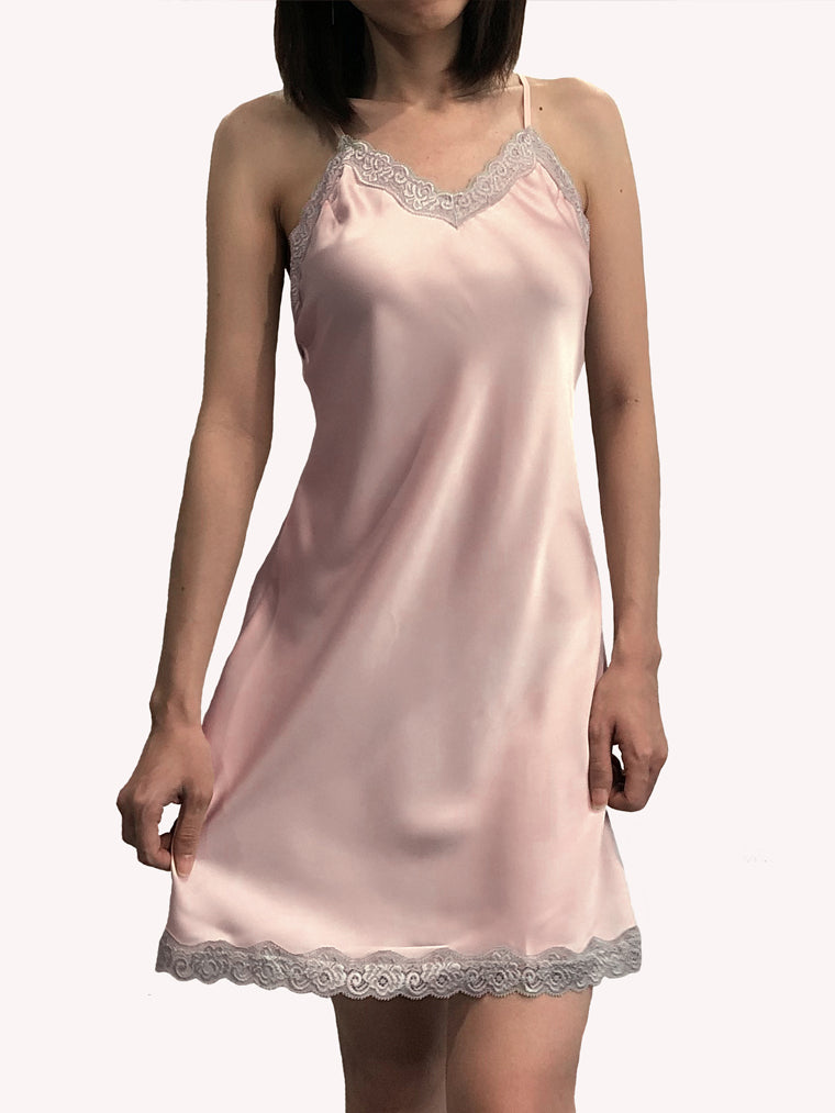 Women's sexy silky lace-trim slip sleep dress nightwear