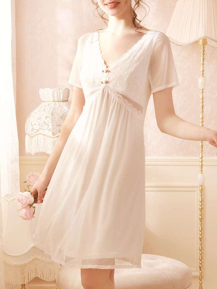White Short Sleeves V-Neck Lace-Trim Sleep Dress