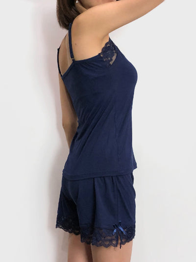 Navy Blue Cotton V-Neck Lace-Trim Cami Set