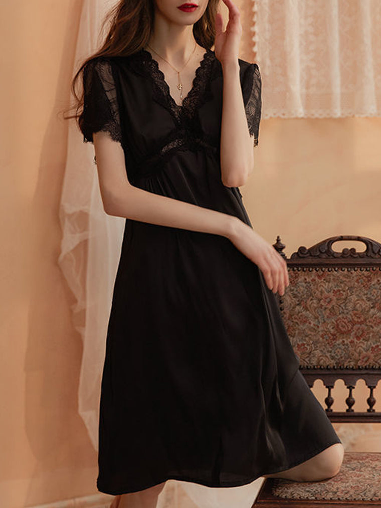 Short Sleeves Lace-Trim Sleep Dress