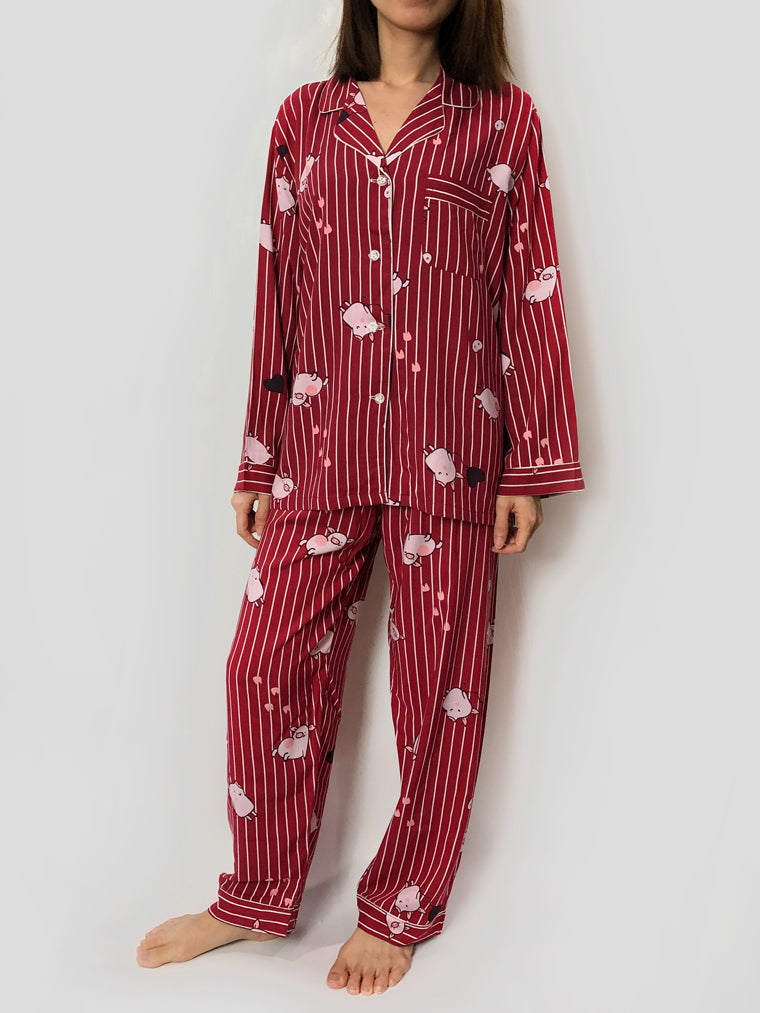 Red Long Strips Piggy Pajama Set