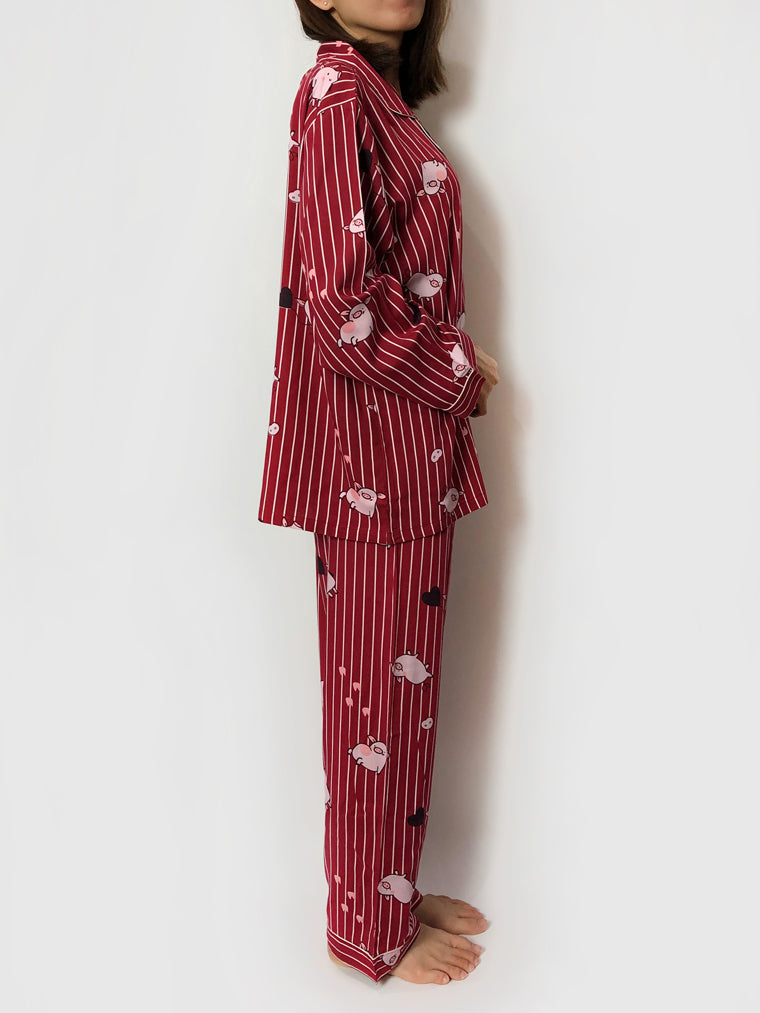 Red Long Strips Piggy Pajama Set