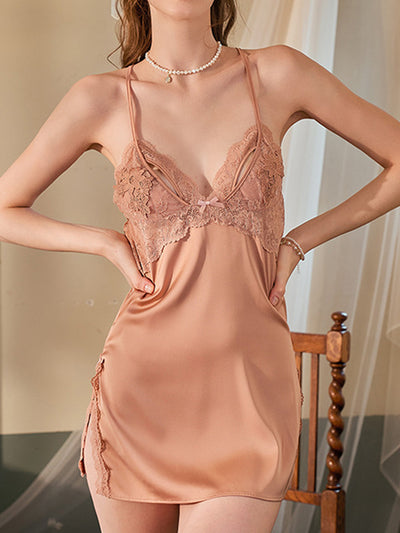 Floral Lace-Trim Cross Back Side Slit Slip