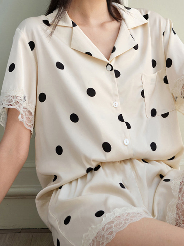 Short Polka Dot Lace-Trim Pajama Set
